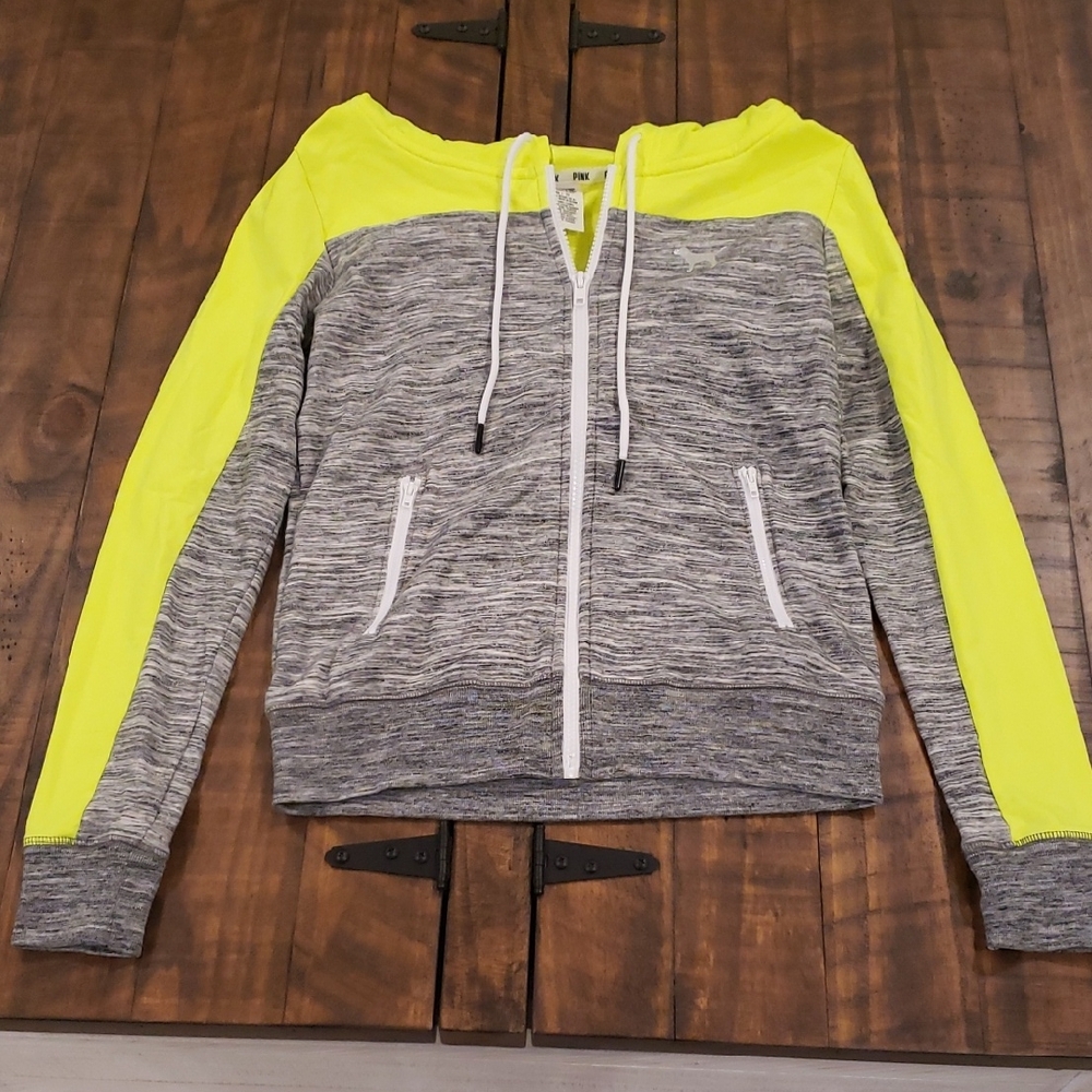 Victoria's Secret Gray and Neon Yellow Zip-Up Hoodie